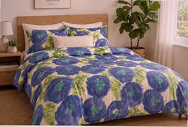 3PC Marimekko King Duvet Cover Shams Blue Green Bold Oversized Floral Watercolor