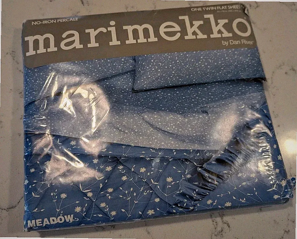 Marimekko Dan River Twin Flat Sheet Dead Stock Vintage Meadow Blue 1986