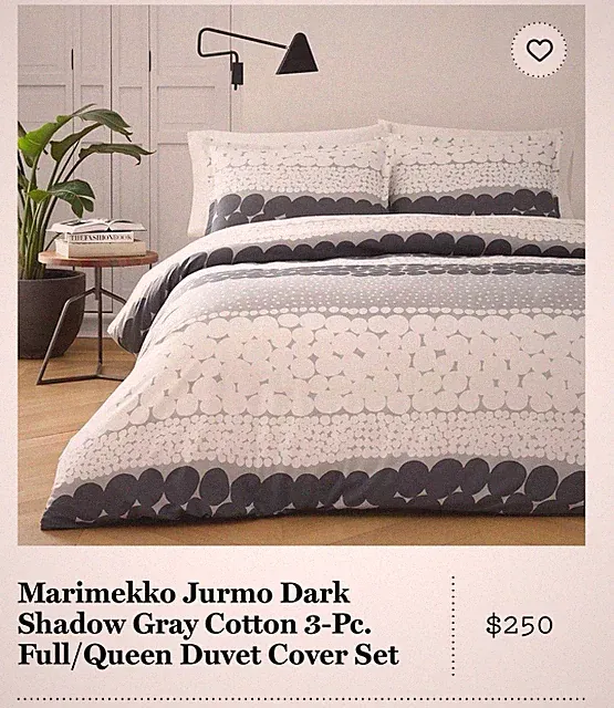 Marimekko Jurmo Dark Shadow Gray Cotton 3 Piece Bedding Queen / Full Set EUC