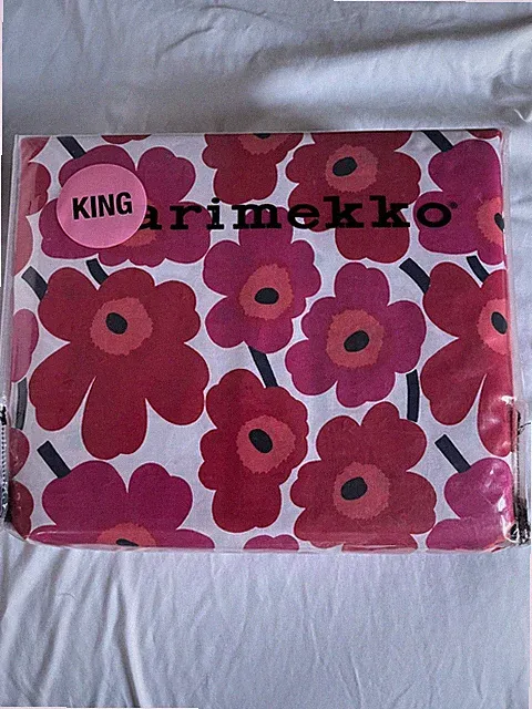 Marimekko Mini Unikko King Sheet Set Cotton Percale Bedding Set Red White Floral