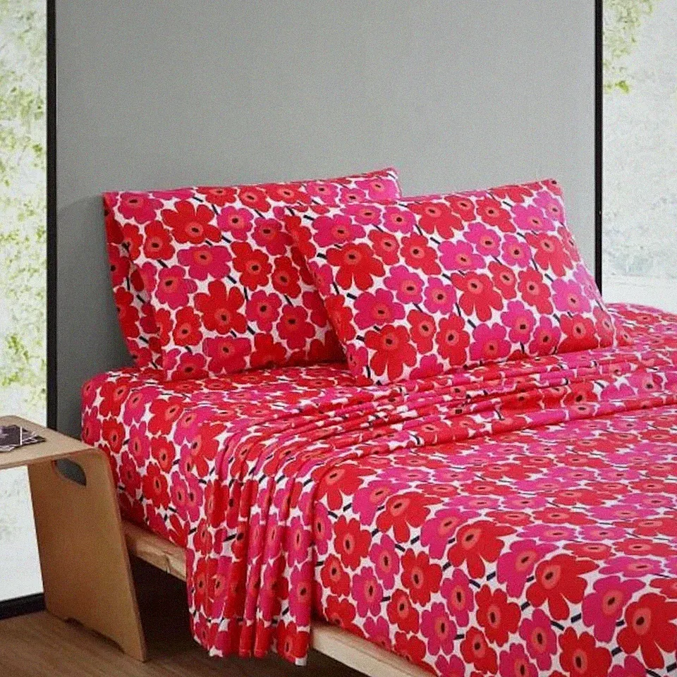 Marimekko Mini Unikko Red Floral Cotton Percale Cool KING Sheet Set 4pc