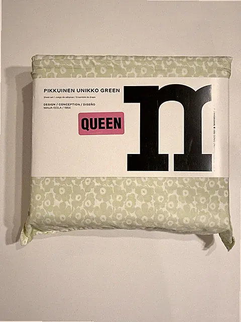 Marimekko PIKKUINEN UNIKKO GREEN 100% Cotton 4 pc QUEEN Sheet Set New
