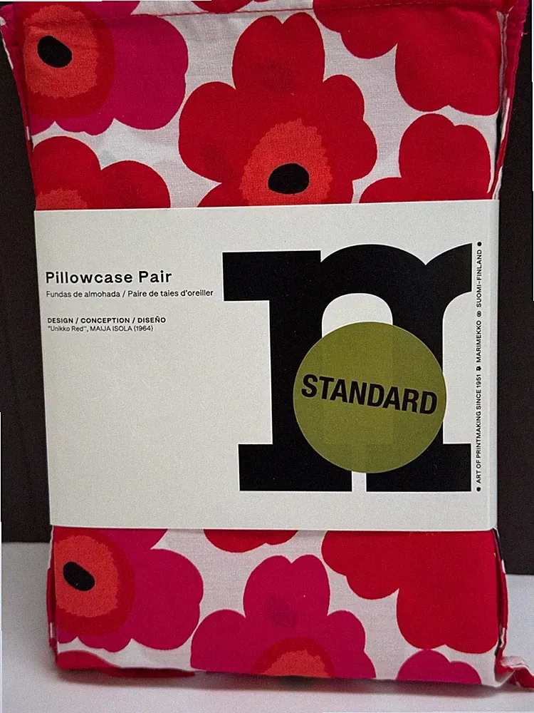 Marimekko UNIKKO Red Floral Standard Cotton Pillowcases Set Maija Isola 1964