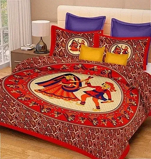 Rajasthani Folk Dance Print Double Bedsheet Ethnic Cotton Bedding Set