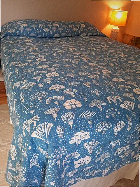 Vintage 70's Sears Marimekko Uni Petite Sky Blue & White Full Quilted Bedspread
