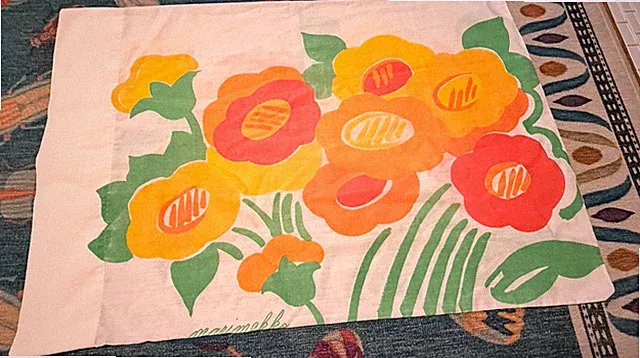 Vintage Marimekko Floral Pillowcase Retro Mod Orange Yellow Red 1979