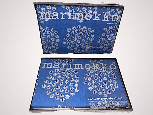 Vintage NOS Marimekko Kukkaruoho Blue Floral Full Sz Fitted And Flat Sheets NIP