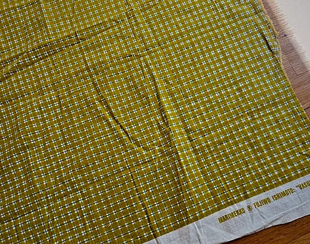 vtg 1977 Fujiwo Ishimoto Vasu Marimekko FABRIC green yellow stripes tablecloth